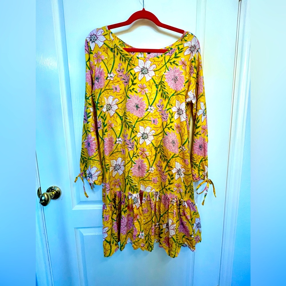 Boho mini dress cotton lawn block print swim summer easy breezy M/L